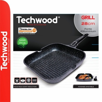 Frigideira grill quadrada preta de 28 cm Techwood com pega removível