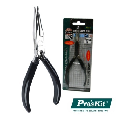 Alicate de ponta longa preto e prateado com embalagem da marca Pro'sKit