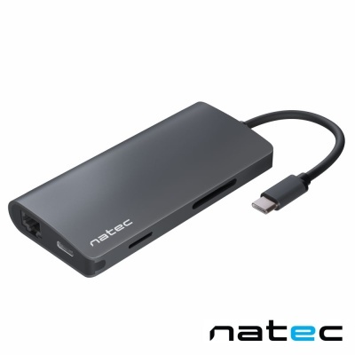 Adaptador USB-C preto natec com múltiplas portas e slots