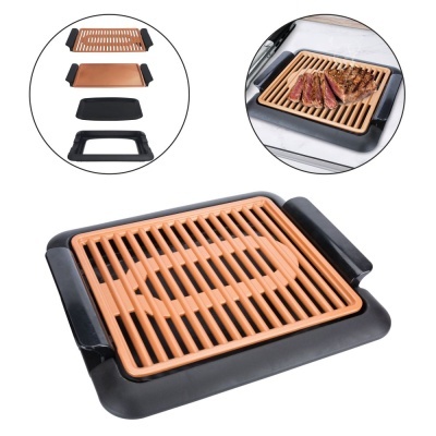 Grelhador eléctrico portátil com superfície de grelha em terracota cor de laranja e base preta