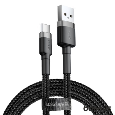 Cabo Baseus USB tipo A para USB tipo C preto com revestimento trançado.