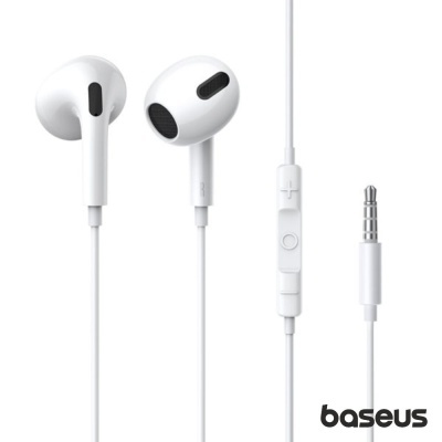 Auriculares com fio brancos Baseus com controlo de volume e ficha jack 3,5 mm