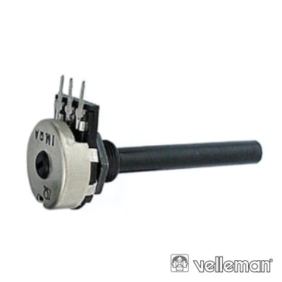 Potenciómetro rotary metálico com cabo preto e três pinos, logótipo velleman