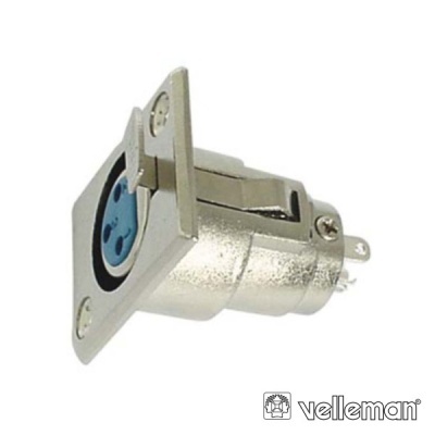 Conector de áudio XLR fêmea metálico com painel azul e logótipo velleman