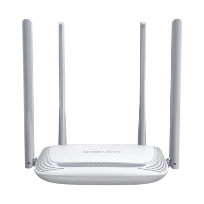 Roteador Wi-Fi branco com quatro antenas externas e luzes indicadoras