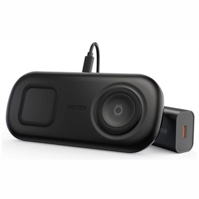 Carregador sem fios preto CHOETECH com dois espaços de carregamento e adaptador