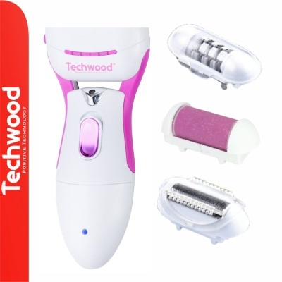 Aparelho depilador elétrico Techwood branco e rosa com três cabeças intercambiáveis em fundo branco e vermelho.