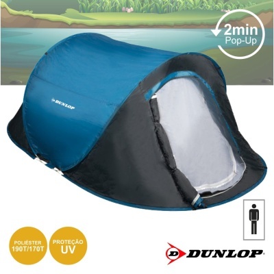 Tenda pop-up Dunlop azul e preta com portas em malha branca