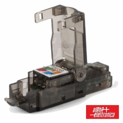 Componente eletrônico transparente com etiqueta colorida e logótipo alpha + elettronica