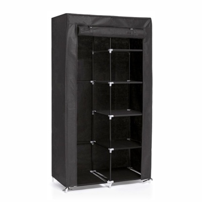 Armário guarda-roupa portátil negro com estantes internas e fecho frontal