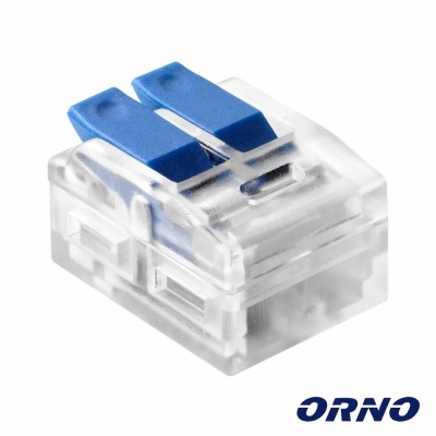 Conector elétrico transparente com alavancas azuis e texto ORNO