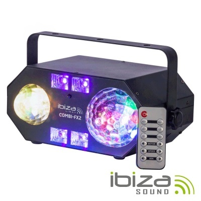 Dispositivo de luz de discoteca preto Ibiza Sound COMBI-FX2 com luzes coloridas e comando