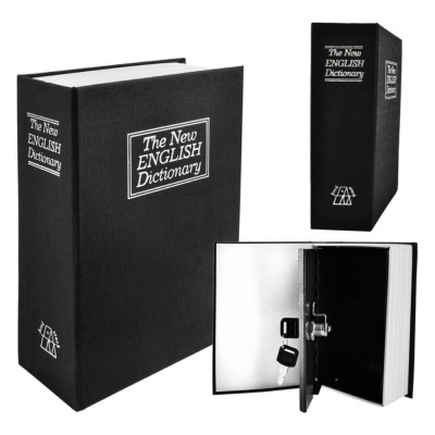 Cofre estilo livro preto com título branco e fechadura com chave