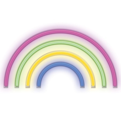 Quatro arcos semi-circulares coloridos em rosa, verde, amarelo e azul, sobre fundo branco.