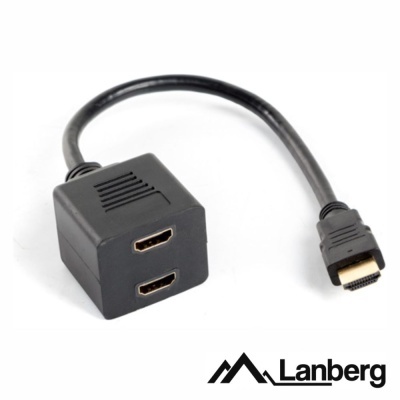 Cabo divisor HDMI preto Lanberg com duas portas fêmea em fundo branco