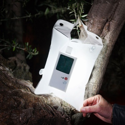 Lanternas solares brancas com painel solar e botões, presas num tronco de árvore