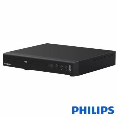 Aparelho de DVD preto Philips com botões frontais e porta USB