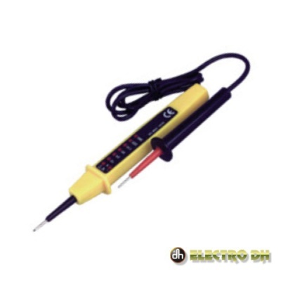 Voltímetro analógico amarelo com cabo e duas pontas, fundo branco