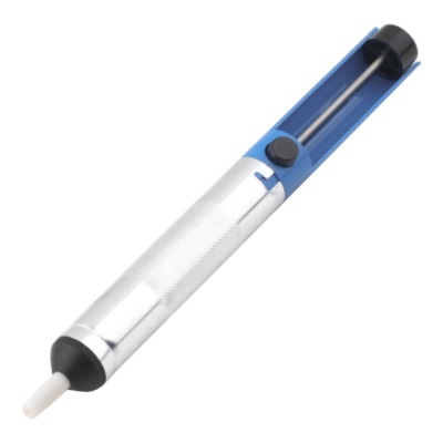 Aplicador de solda portátil metálico com detalhes azuis e botão preto