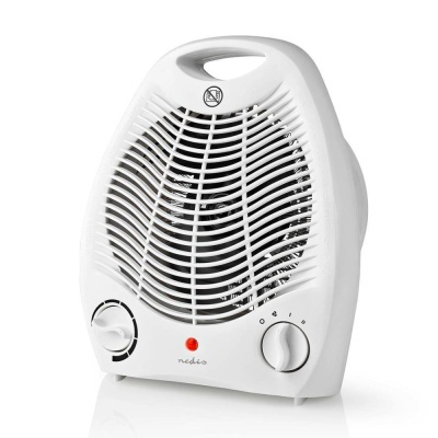 Aquecedor portátil branco com grelha e dois botões no painel frontal