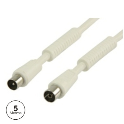 Cabo coaxial branco de 5 metros com conectores metálicos cilíndricos