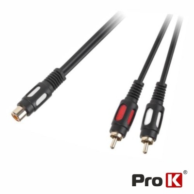 Cabo adaptador RCA com conectores vermelhos e brancos e logotipo Pro K