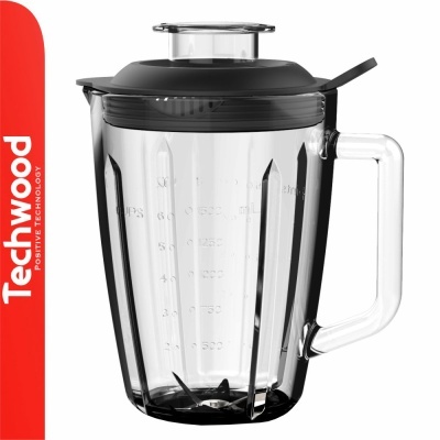 Jarro de liquidificador transparente com tampa preta e graduação visível