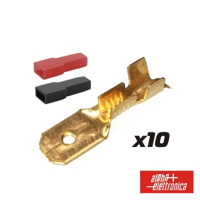 Terminais elétricos metálicos dourados com capas vermelha e preta e indicação x10