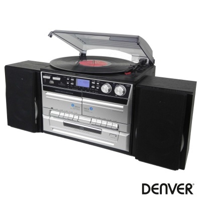 Aparelho de música Denver com leitor de vinil, altifalantes e leitor de cassetes.