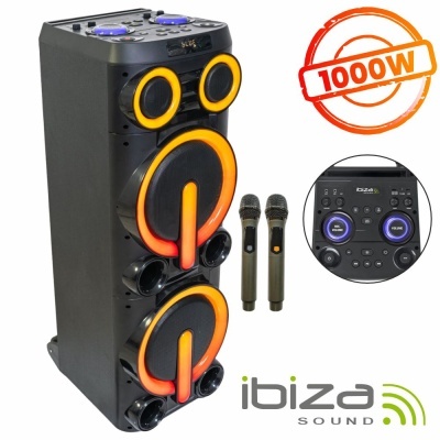 Coluna de som portátil Ibiza Sound preta com luzes laranja e amarelas, microfones e painel de controlo