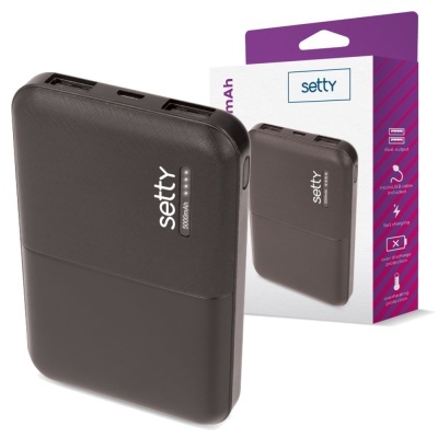 Carregador portátil Setty preto com embalagem branca e roxa