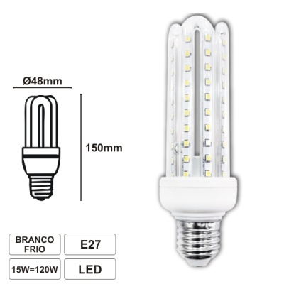 Lâmpada LED branca fria E27 15W com dimensões