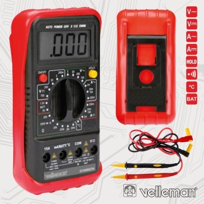 Multímetro digital vermelho e preto Velleman DVM892N com duas sondas e suporte