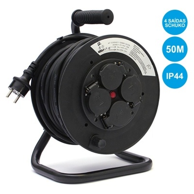 Extensão elétrica preta com suporte, 4 saídas Schuko, 50 metros, IP44