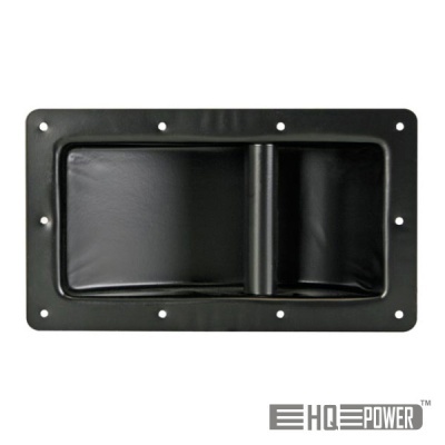 Moldura preta retangular com alça central e bordas perfuradas para fixação