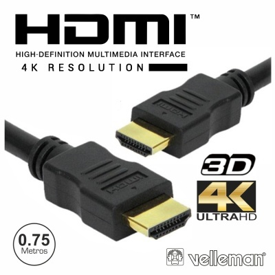 Cabo HDMI preto com conectores dourados e indicações 4K e 3D