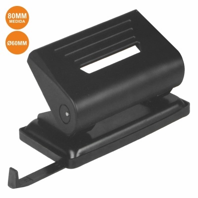 Furador de papel preto com base retangular e alavanca, com indicações de medidas em círculos laranja