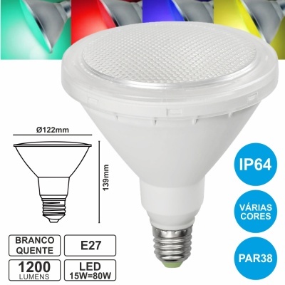 Lâmpada LED PAR38 branca quente E27 1200 lúmens 15W 80W IP64 várias cores