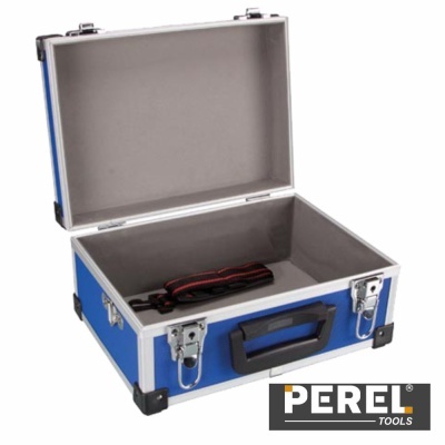 Mala de ferramentas azul aberta com interior cinzento e correia preta