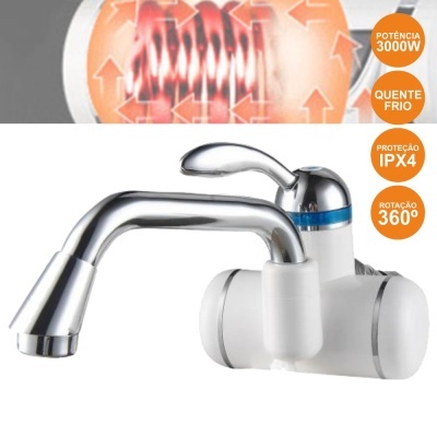 Torneira elétrica cromada e branca com textos de potência, proteção e rotação