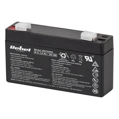 Bateria recarregável de chumbo-ácido preta com texto e símbolos no corpo