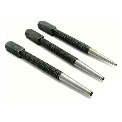 Conjunto de três ferramentas metálicas com cabos pretos texturizados e pontas cilíndricas de metal