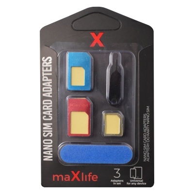 Adaptadores de cartão SIM nano coloridos em embalagem preta da marca maXlife