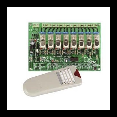 Placa eletrónica verde com relés e telecomando branco com botões