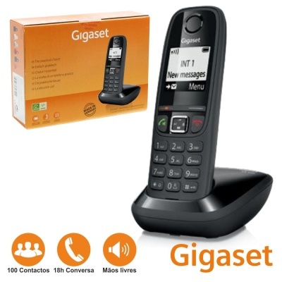 Telefone fixo DECT preto Gigaset com ecrã digital, teclado numérico e base de carregamento