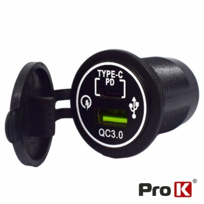 Carregador de carro preto com porta USB Tipo-C e QC3.0