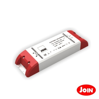 Fonte de alimentação eletrónica branca com extremidades vermelhas e etiqueta JOIN