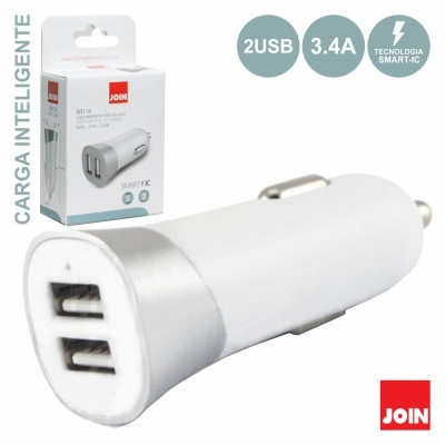 Carregador de automóvel branco com duas portas USB e embalagem da marca JOIN
