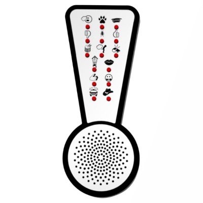 Dispositivo branco e preto em forma de ponto de exclamação com ícones e orifícios circulares