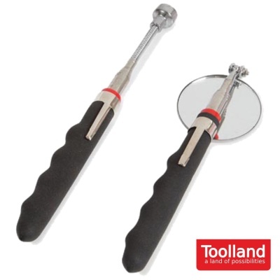 Duas ferramentas com cabo preto e corpo metálico, uma com espelho circular e outra com imã, sobre fundo branco com logo Toolland